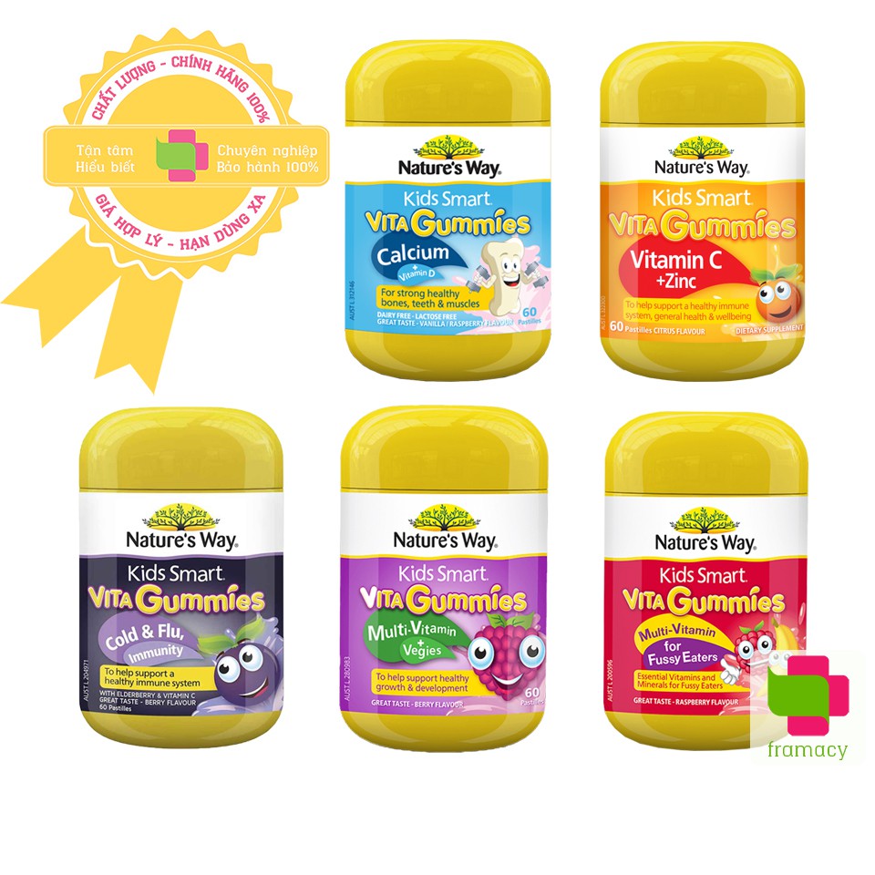 Kẹo dẻo Nature's Way Kids Smart Vita Gummies, Úc (60v) nhiều vị bổ sung vitamin, khoáng chất cho trẻ từ 2 tuổi