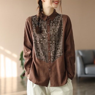 Áo sơ mi cotton lanh tay dài phối một hàng nút thời trang nữ
