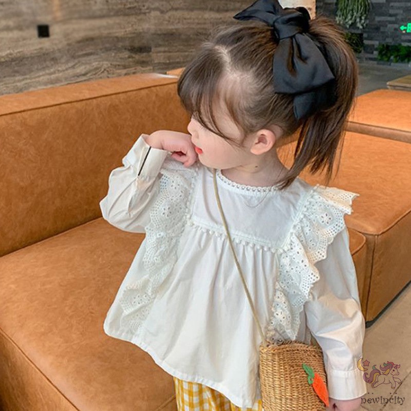 Áo kiểu tay dài phối ren phong cách Hàn Quốc xinh xắn dễ phối đồ cho bé gái