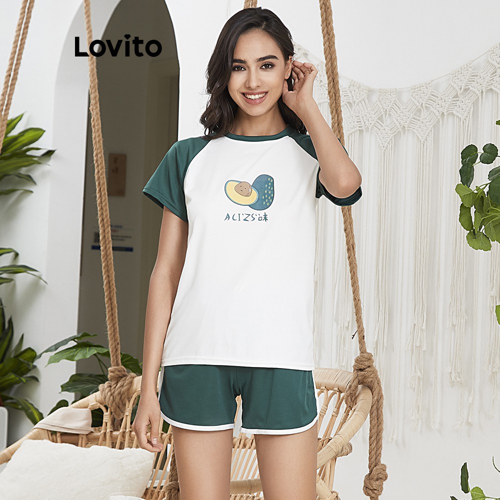 Bộ đồ thể thao Lovito in hình quả bơ mặc hàng ngày L02131 (Green)