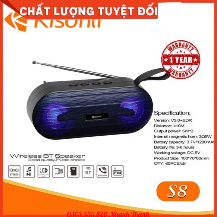 Loa Bluetooth Kisonli S8 v5.0 Chính hãng tích hợp anten bắt sóng cực mạnh, hỗ trợ TWS kết nối cùng lúc 2 loa
