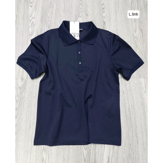 Áo polo cộc tay hè nữ tay bồng Zara xuất dư xịn màu xanh than, áo thun có cổ sơ mi vai nâng nhẹ, chất cá sấu đẹp
