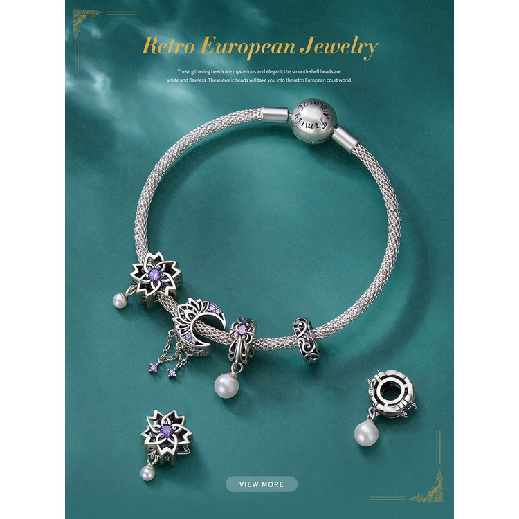 BAMOER Hạt Charm bạc 925 Hình Hoa Đính Đá Zircon Màu Tím