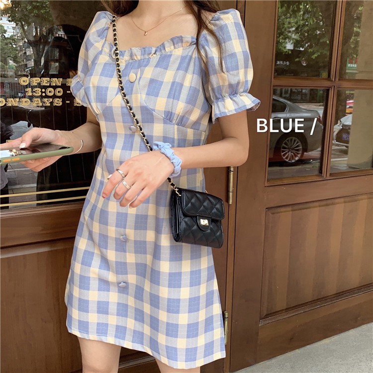 Đầm Tay Ngắn Họa Tiết Sọc Caro Phong Cách Retro Pháp | BigBuy360 - bigbuy360.vn