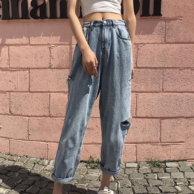 Quần jean nữ denim ống rộng suông lưng cạp cao form rộng chất đẹp Emilyshop ulzzang