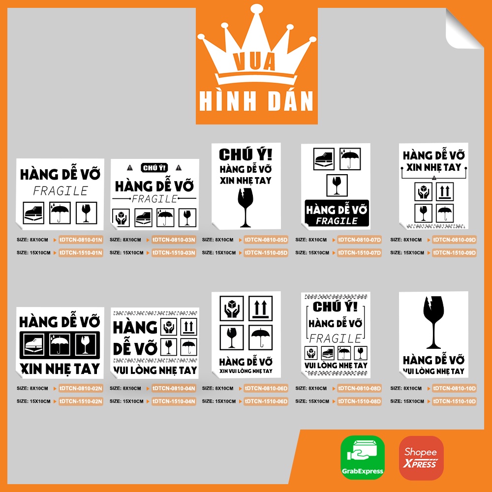 Set 50/100 Tem hàng dễ vỡ dán thùng hàng, kiện hàng (15x10cm và 8x10cm) - tem sticker dán đơn hàng dành cho shop (1.012)