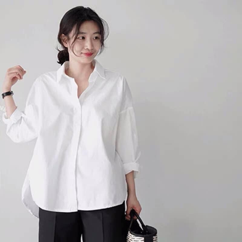 Áo sơ mi nữ trắng dài tay chất lụa hàn dáng suông TRƠN Basic Unisex ( ảnh thật/ video shop tự quay )