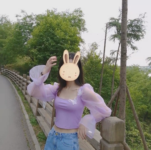 Áo criptop tay phồng đính bướm S