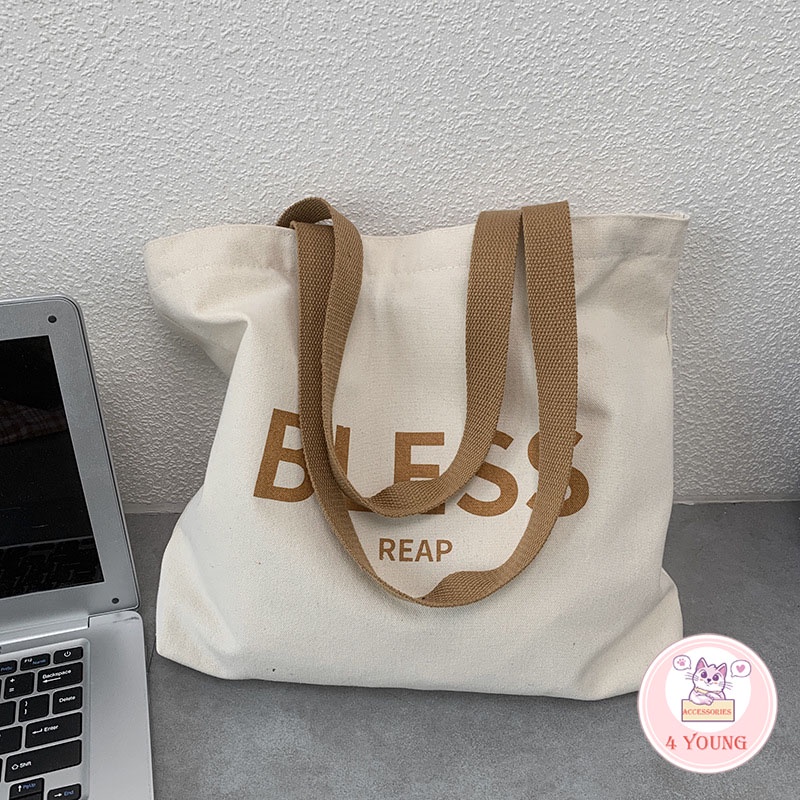 Túi tote vải canvas giá rẻ thời trang phong cách Hàn Quốc in chữ BLESS đi học đi chơi đẹp T1003