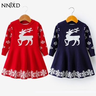 NNJXD Đầm Nnjxd Tay Dài Họa Tiết Tuần Lộc Giáng Sinh Dễ Thương Cho Bé Gái