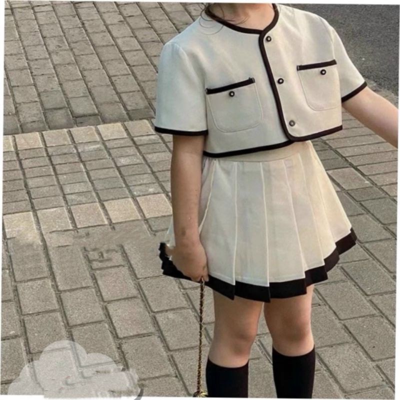 Set  áo váy viền dập ly xoè xinh xắn bé gái