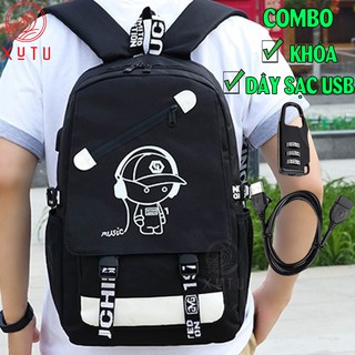 Balo đi học phát sáng Xutustore hình Boy Music phong cách + Tặng cáp sạc USB xịn + Khóa số chống trộm cực HOT năm nay
