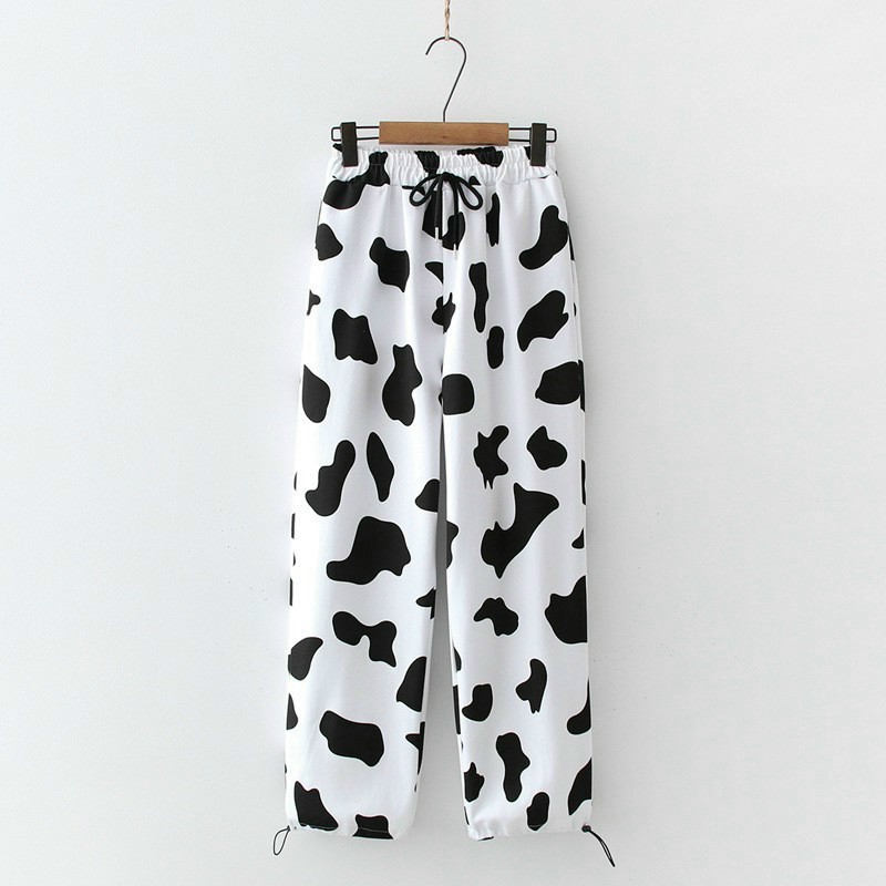 Quần Ống Rộng Hoạ Tiết Bò Sữa, Quần Dài Nam Nữ Form Rộng, Ống Suông Lưng Chun Bo Gấu Phong Cách Cá Tính.
