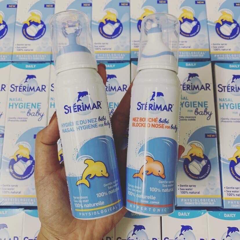 Xịt muối biển cá heo vàng xanh và cá heo cam (100ml) vệ sinh, hỗ trợ sổ mũi, nghẹt mũi cho bé 0-3 tuổi Sterimar, Pháp