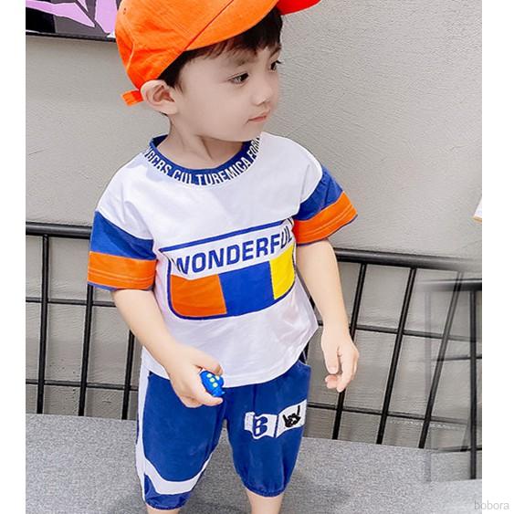 Bộ Đồ 2 Món Áo Thun Cotton Phối Quần Short In Chữ Phong Cách Hàn Quốc Thời Trang Cho Bé Từ 0 - 4 Tuổi