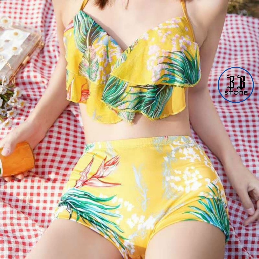 Bikini đi biển, đồ bơi nữ sexy, quyến rũ sét 3 món thun voan hoa