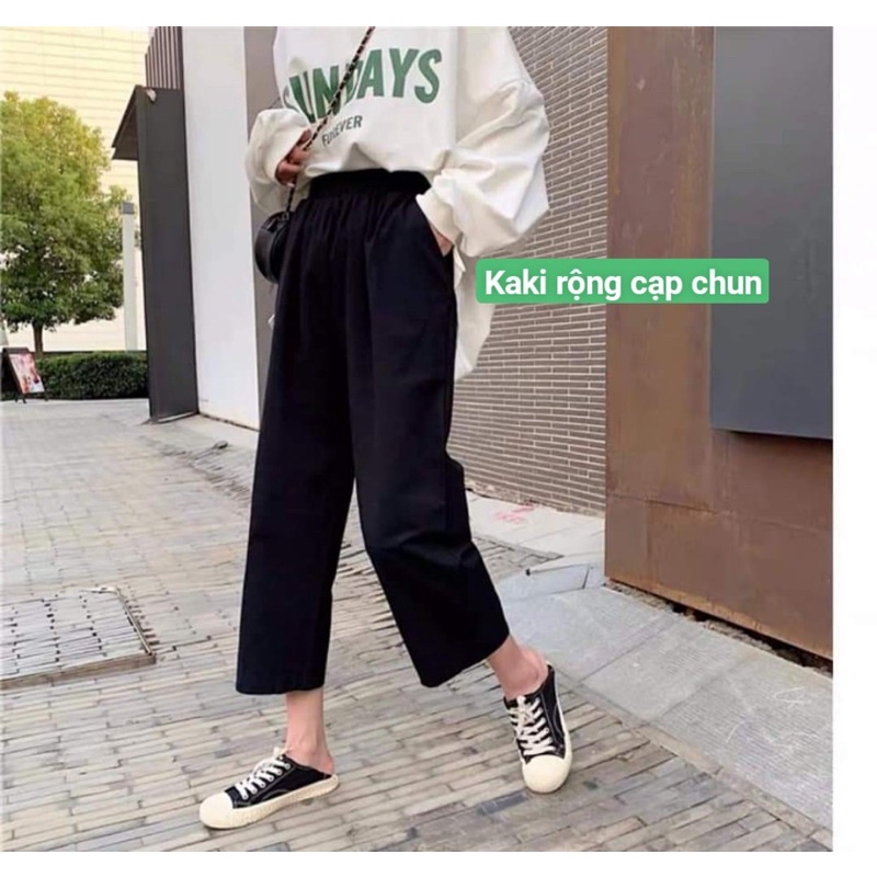 Quần Ống Rộng 2009Teen Unisex Quần Dài Cạp Chun Chất KaKi