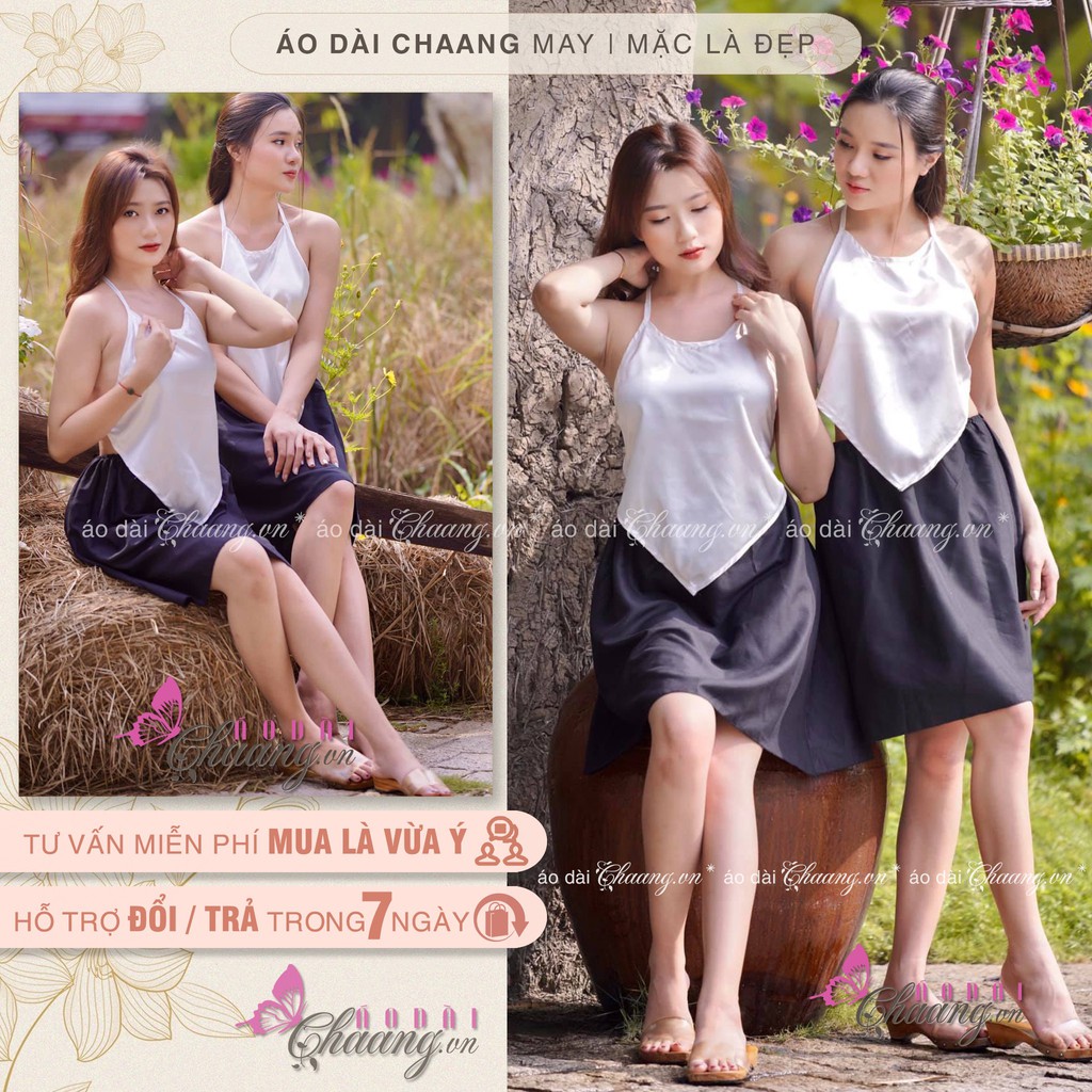 Áo Yếm mảnh ngắn chụp sen CHAANG may sẵn lụa phi bóng truyền thống kết hợp váy đụp nhiều màu nâu trắng đẹp ADC207