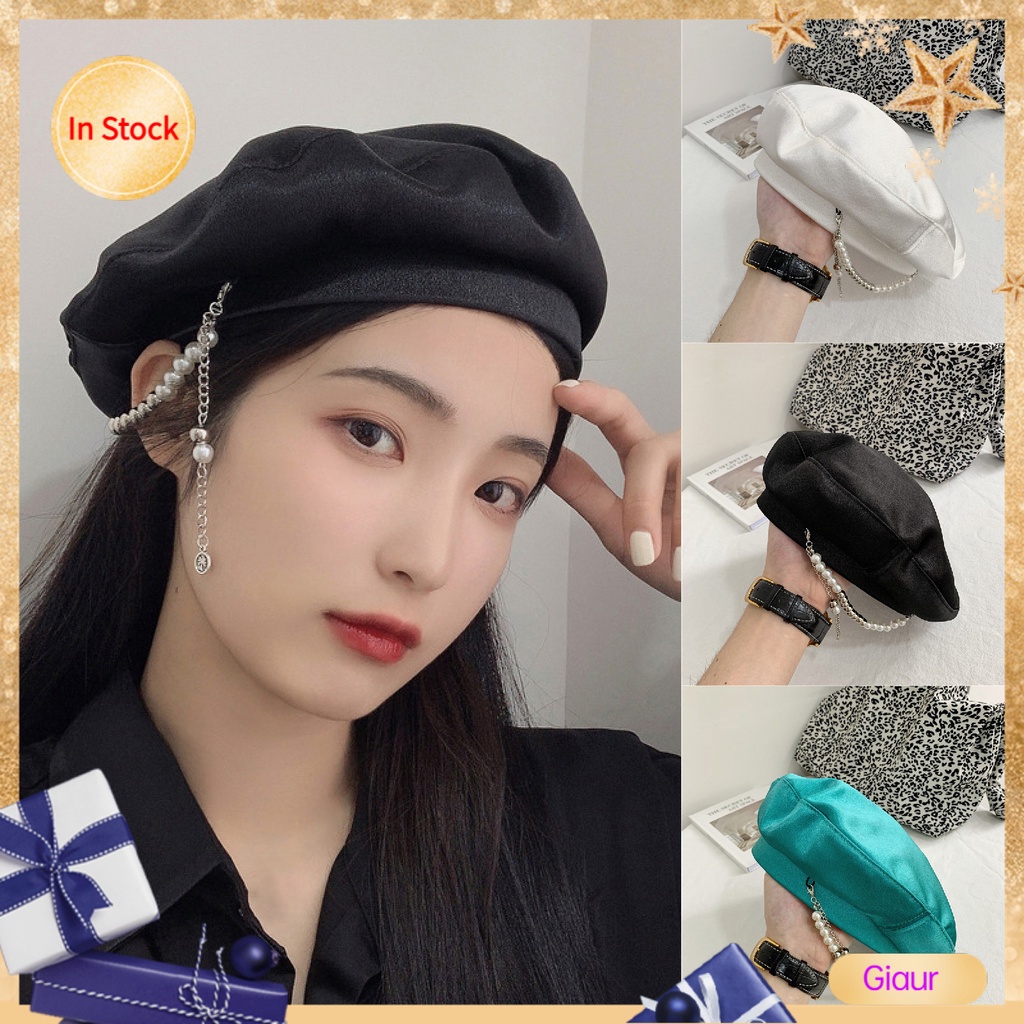 Mũ beret mềm đính ngọc trai giả màu sáng cho nữ