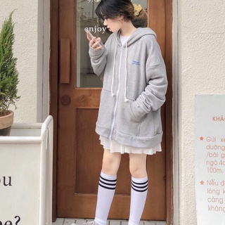 Áo khoác hoodie zip dây  kéo Throxi vải nỉ lót bông màu xám form rộng nam nữ
