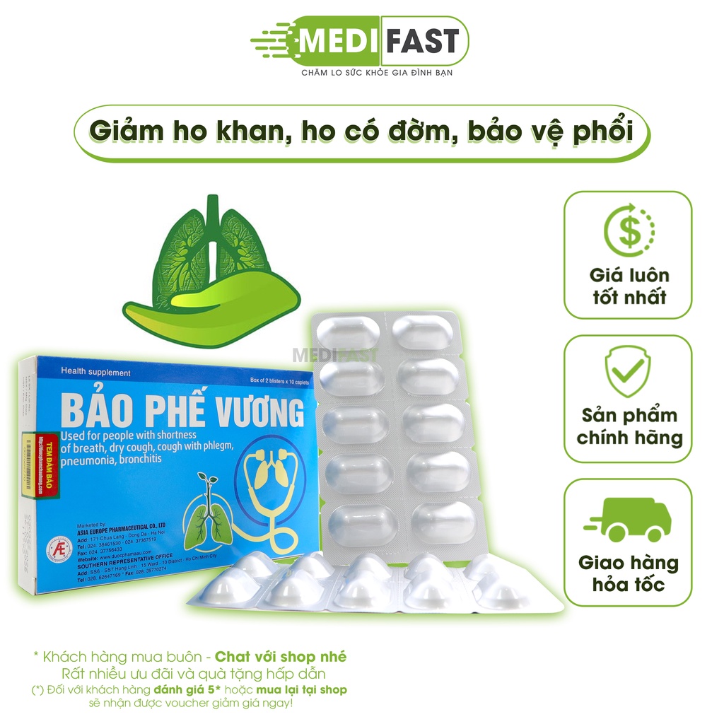 Bảo Phế Vương - Tốt cho phế quản, hỗ trợ giảm ho, ho khan, ho có đờm từ thảo dược - Hộp 20 viên