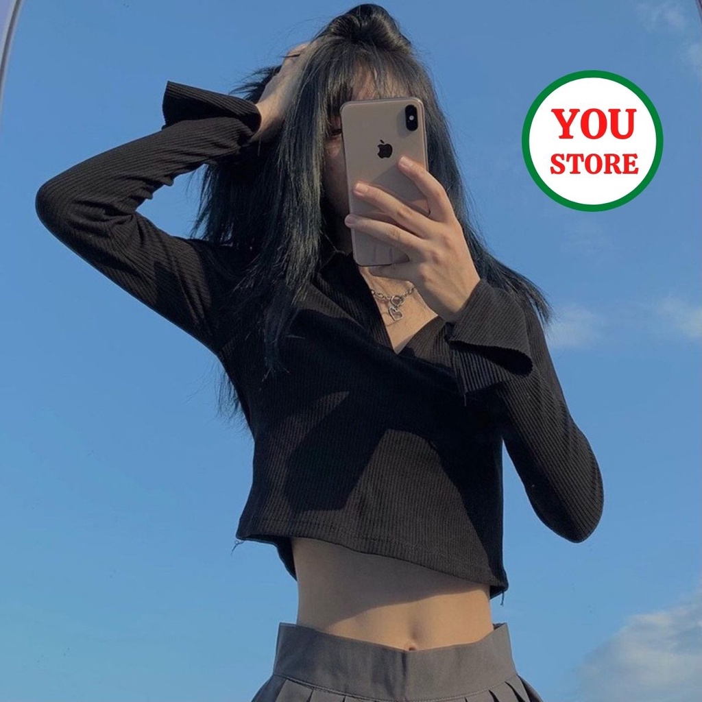 Áo Croptop Nữ Polo Cổ Bẻ Dài Tay Cá Tính Kèm Túi Ngực Style Hàn Quốc Mã 885 You Store