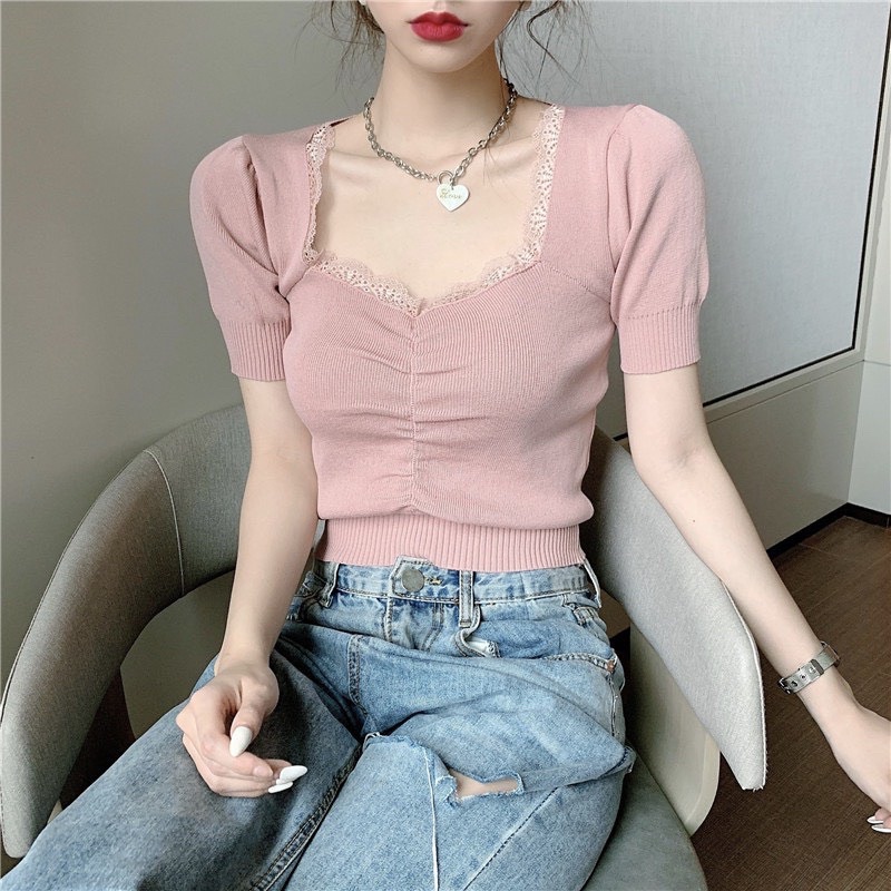 Áo len cổ viền ren gợi cảm nhún ngực tôn vòng 2