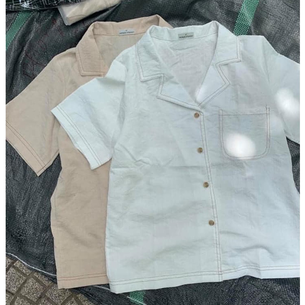 [EVACICI] Áo sơ mi thô đũi viền cổ, áo kiểu nữ cộc tay cổ vest viền chỉ freesize. ( ảnh thật) | BigBuy360 - bigbuy360.vn