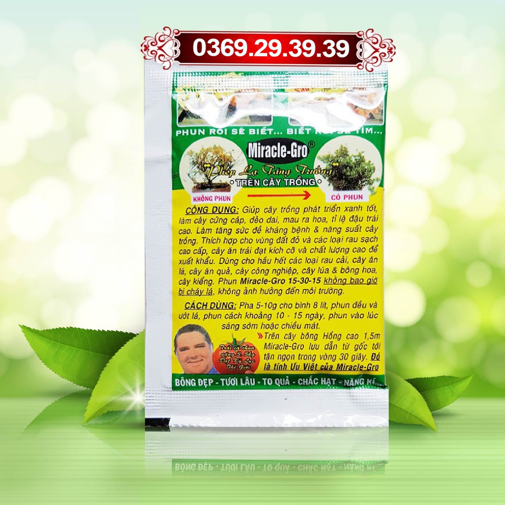 Phân Bón Lá Miracle Gro 15-30-15+Te 10g tạo mầm hoa, thúc ra hoa, giảm rụng hoa trái non cho cây trồng