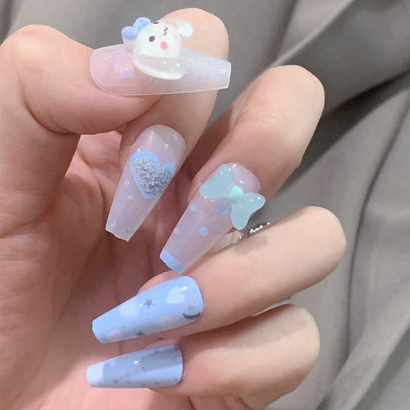 YADORNOS Set 24 móng tay giả YADORNOS dáng dài xanh dương có thể tháo rời