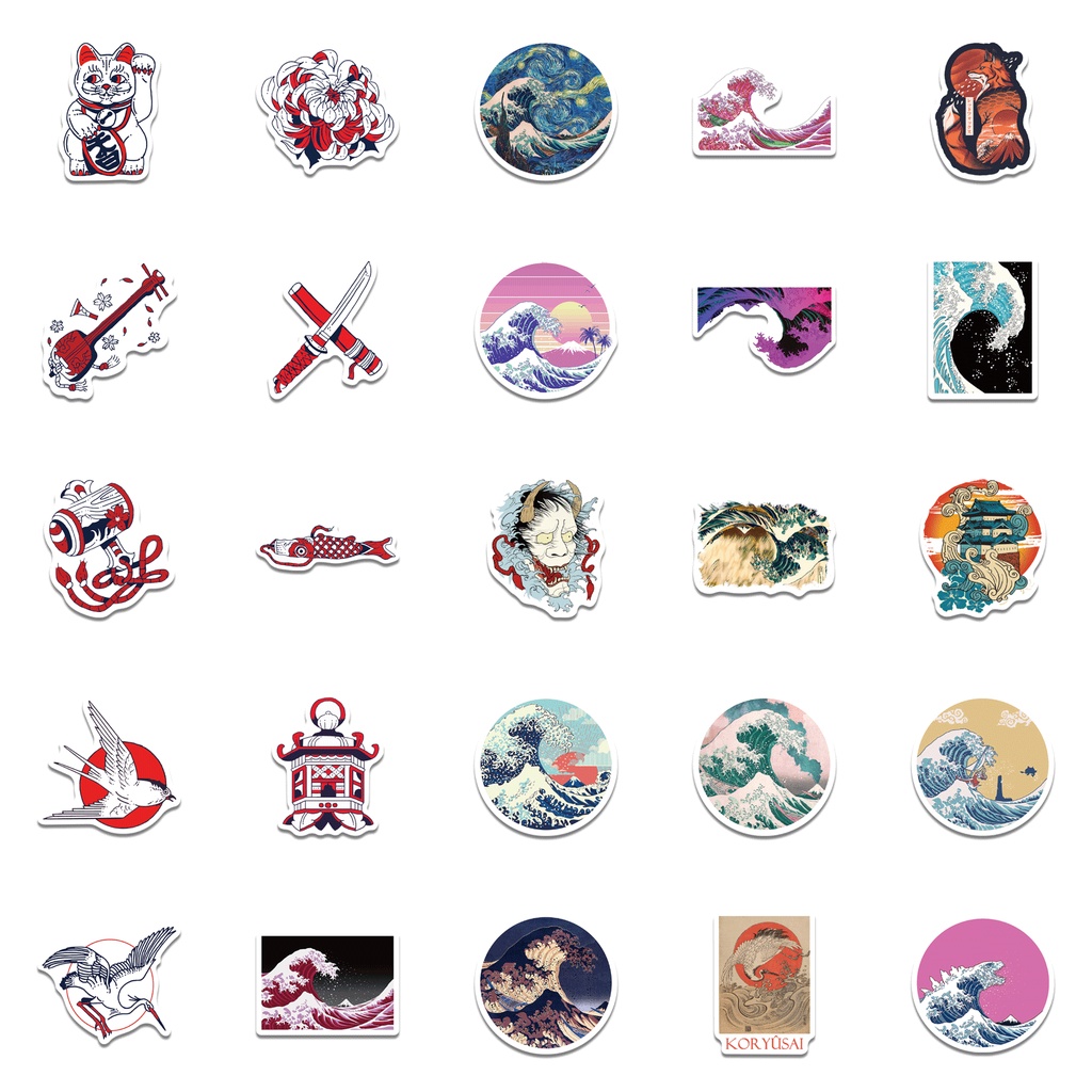 Bộ 100 miếng dán hình sóng biển kanagawa nghệ thuật