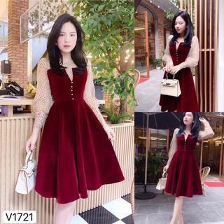 🤞Bán sỉ🤞 Đầm nhung đỏ đính ngọc phối tay voan bi