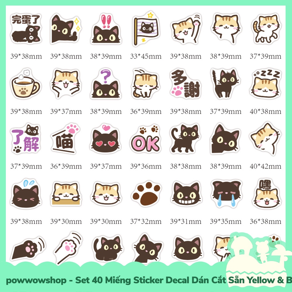 [Sẵn VN - Hỏa Tốc] Set 40 Miếng Sticker Decal Cắt Sẵn DIY Dán Trang Trí Vật Dụng Mẫu Yellow &amp; Black Cat Playround
