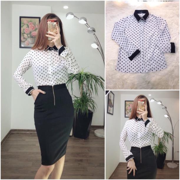 Bán sỉ (Có bán rời) Set sơ mi chấm bi cổ đức và chân váy khoá đồng thiết kế BDCC06 (video ảnh thật) ❤️FREE SHIP❤️ PC02