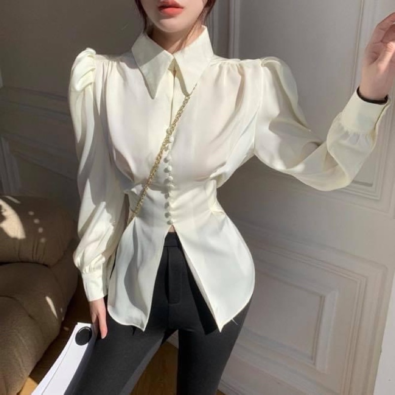Áo sơ mi kiểu thiết kế tay dài phồng lụa satin phi bóng hở lưng thắt nơ trắng - Order taobao quảng châu