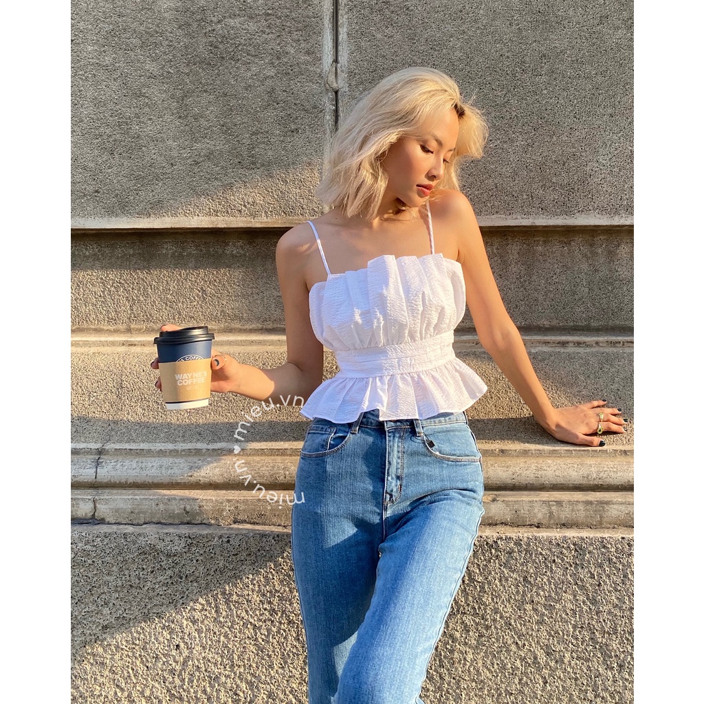 Áo croptop hai dây xếp ly bo thun sau nhiều màu MIEU - GD07