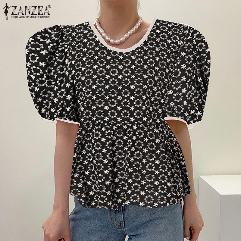 ZANZEA Áo Thun Nữ Tay Ngắn Phồng Cổ Tròn Thêu Hoa Thời Trang Hàn Quốc