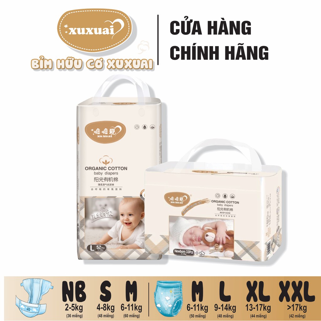 Bỉm XUXUAI Hữu cơ cao cấp nội địa Trung quần, dán size S68/M60/M50/L48/XL44/XXL42