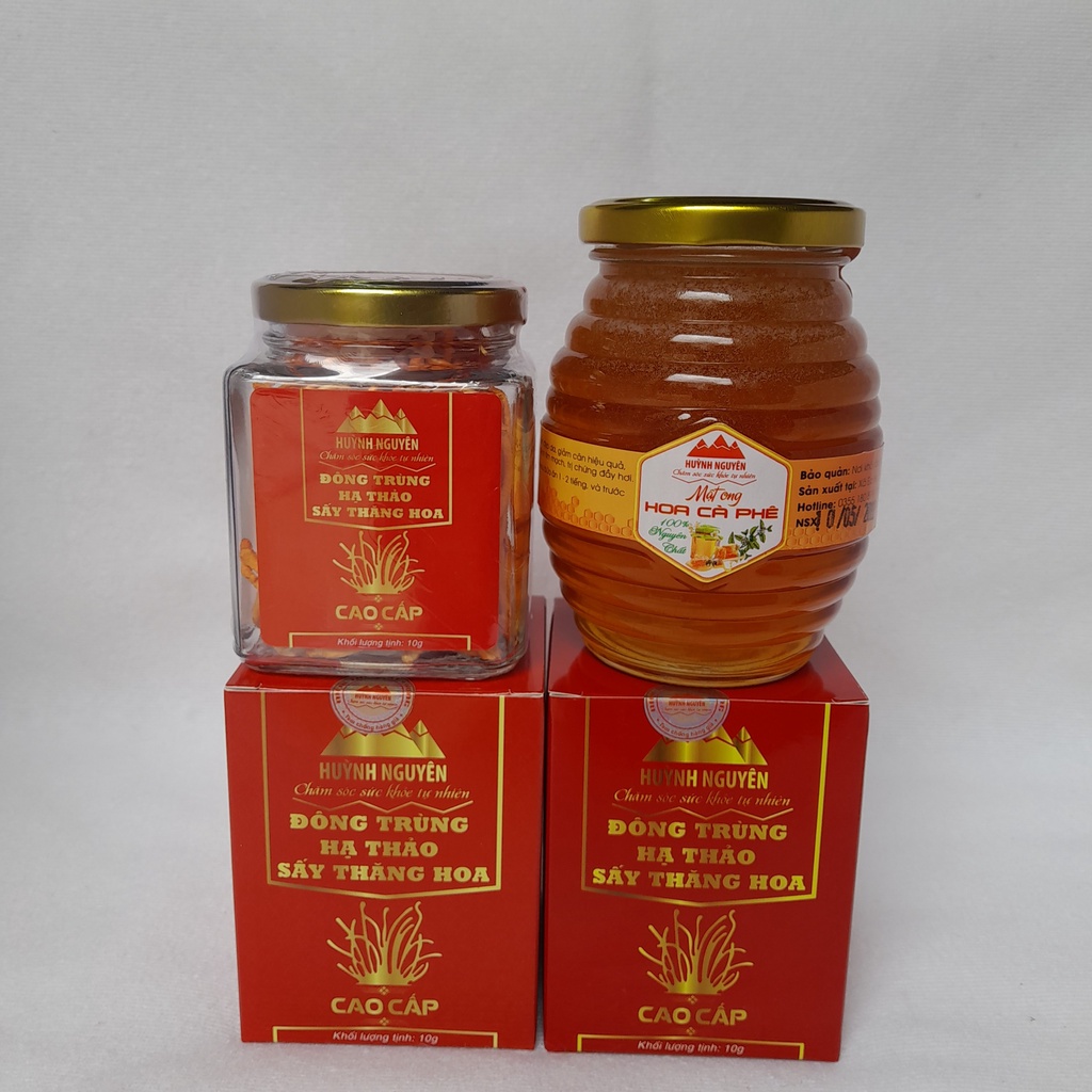 Đông Trùng Hạ Thảo Khô Sấy Thăng Hoa Huỳnh Nguyên loại Cao Cấp hộp 10g và Mật Ong Hoa Cà Phê Nguyên Chất Hủ 350ml