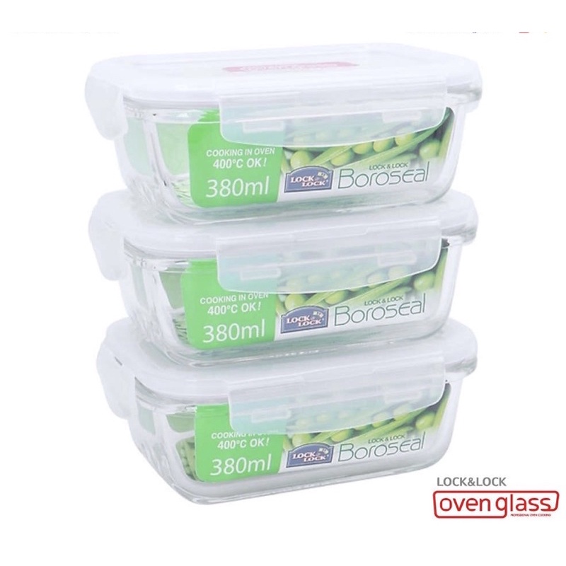 Bộ 3 Hộp thủy tinh chịu nhiệt chữ nhật Lock&Lock LLG422 380ml