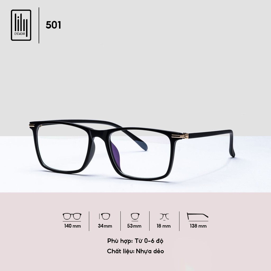 Gọng kính cận mắt vuông thời trang nam nữ Lilyeyewear, chất liệu nhựa dẻo dễ đeo thời trang 501