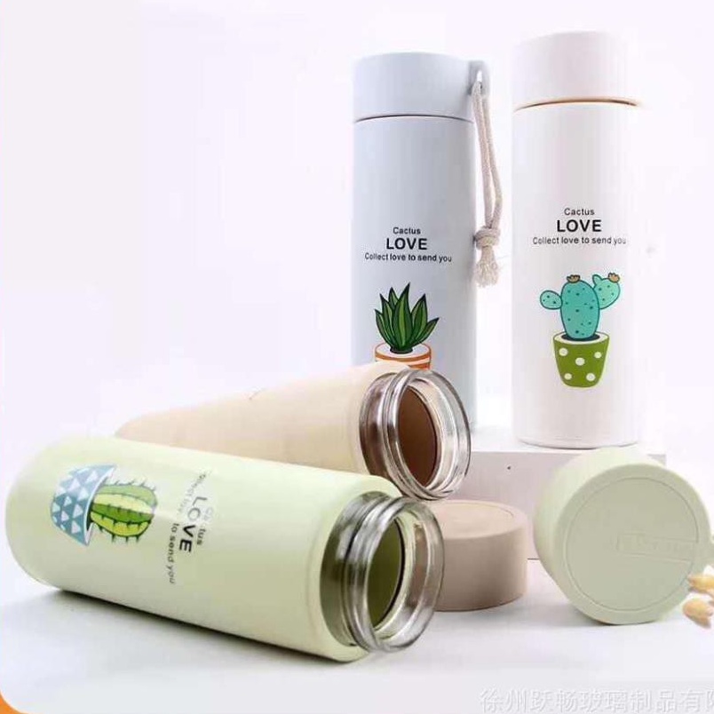 Bình nước thủy tinh 400ml họa tiết xương rồng dễ thương No.101238