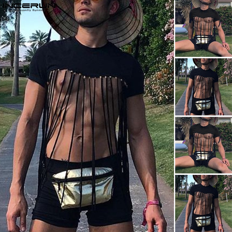 Áo thun INCERUN crop top tay ngắn phối tua rua gợi cảm cho nam