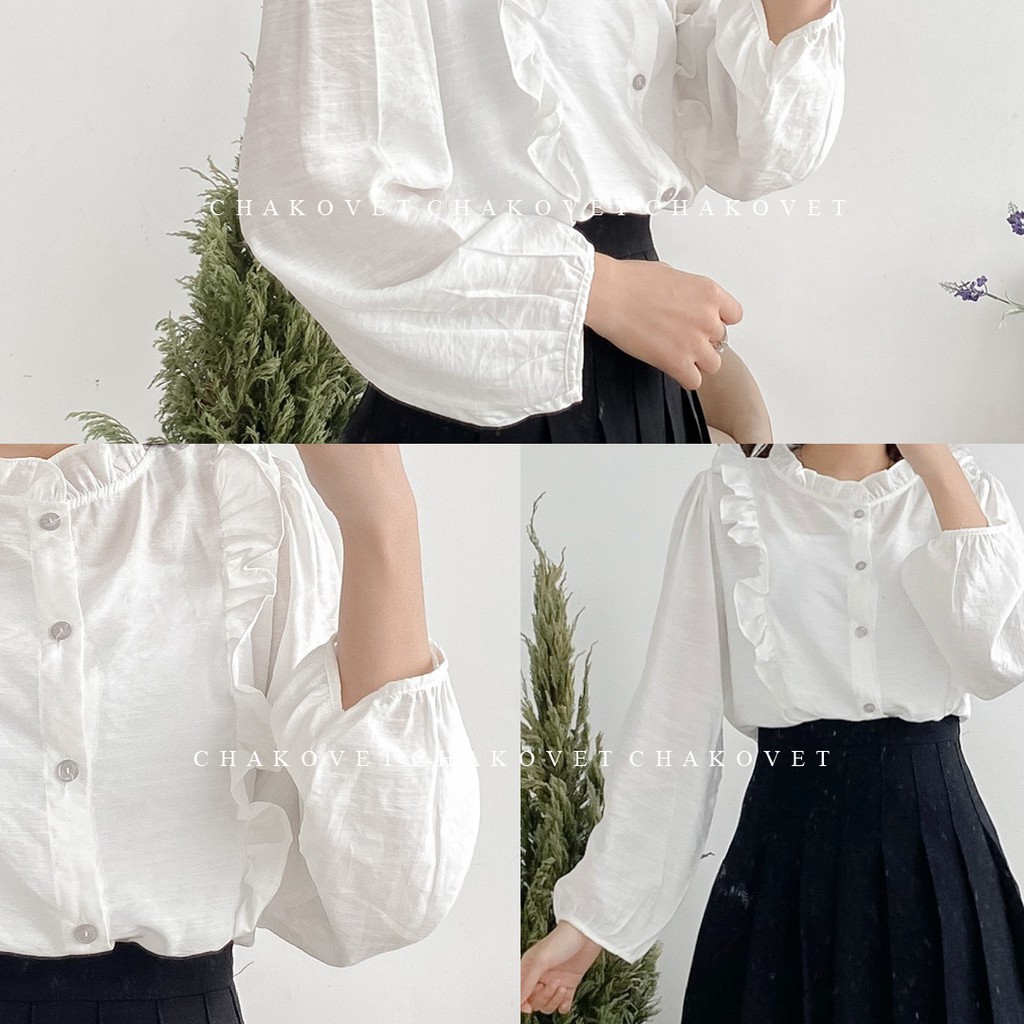 Áo sơ mi đũi cổ chữ V, Kiểu sơ mi nữ tay bo chun bèo ngực xinh xắn Freesize, áo kiểu tay dài màu trắng – A116 Chakovet