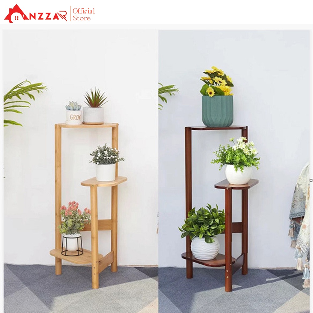 Kệ gỗ 3 tầng đỡ chậu cây, chậu hoa trang trí nhà cửa Anzzar