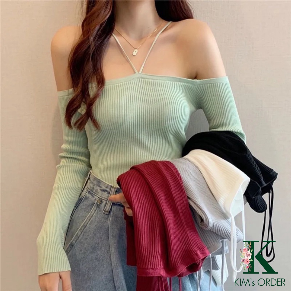 Áo len nữ cổ dây yếm màu đen trắng ghi trễ ngang vai cổ thuyền dài tay phom ôm chất đẹp co dãn đi tiệc sang chảnh