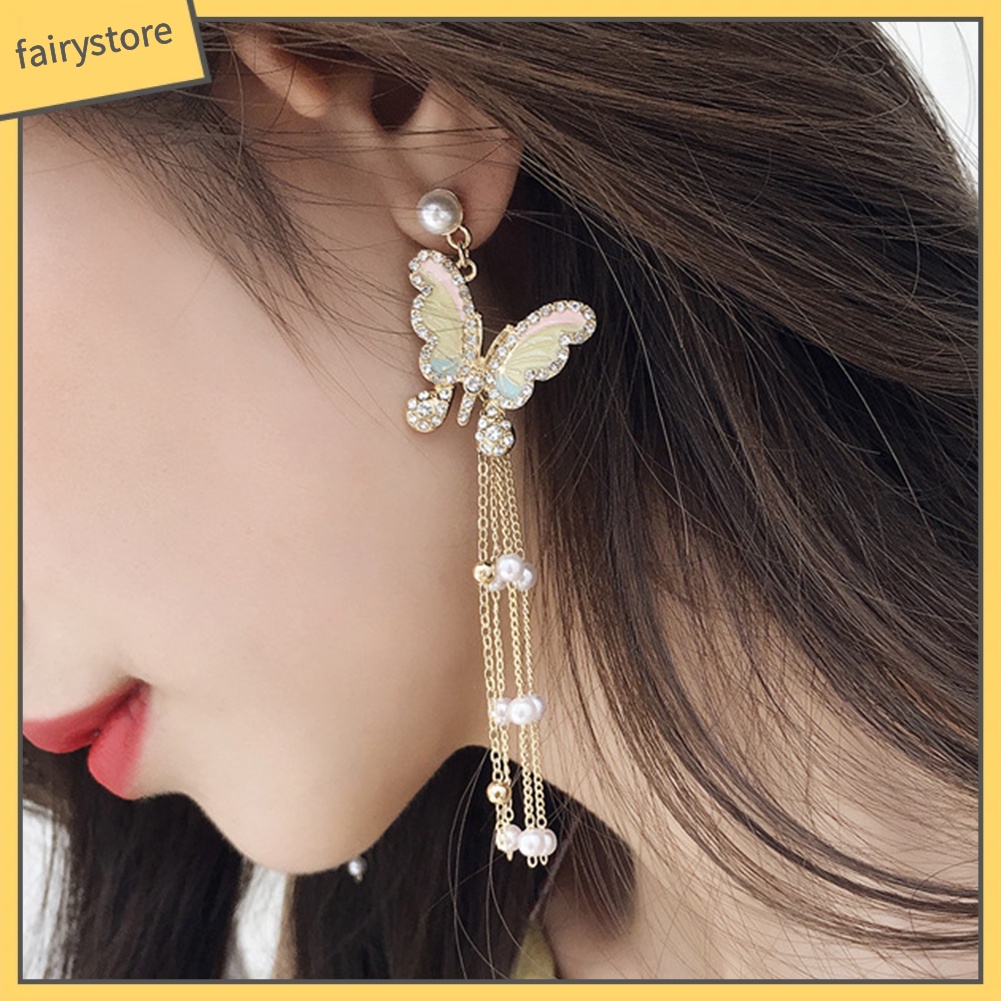 Bông Tai Dáng Dài Hình Bướm Đính Đá Lấp Lánh