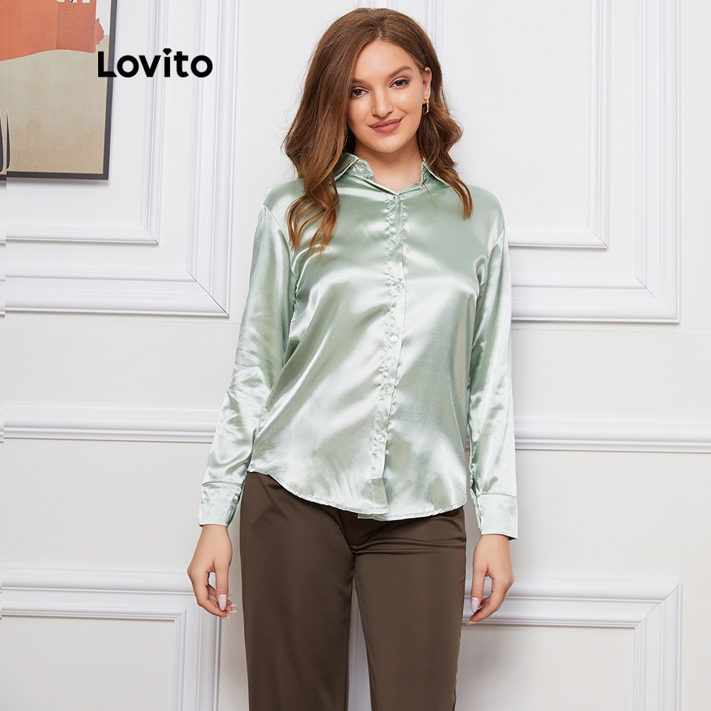 Áo Lovito bằng vải satin có nút cài màu trơn thời trang thường ngày L08056 (màu xanh lá cây)