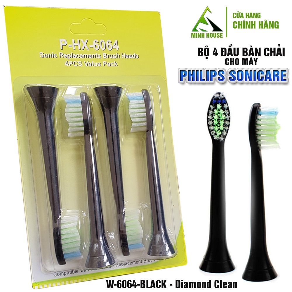 Cho máy Philips Sonicare W/HX-6064 Black Dimond Clean Bộ 4 đầu bàn chải đánh răng điện, Phá tan mảng bám Minh House