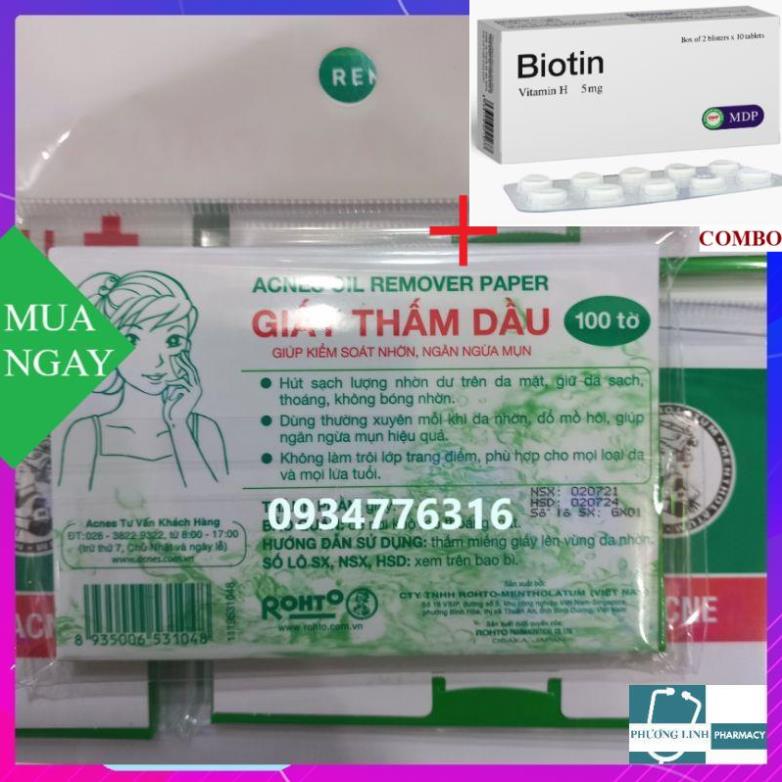 Combo Biotin 5mg+ ✅ Phim thấm dầu Acnes 100 tờ